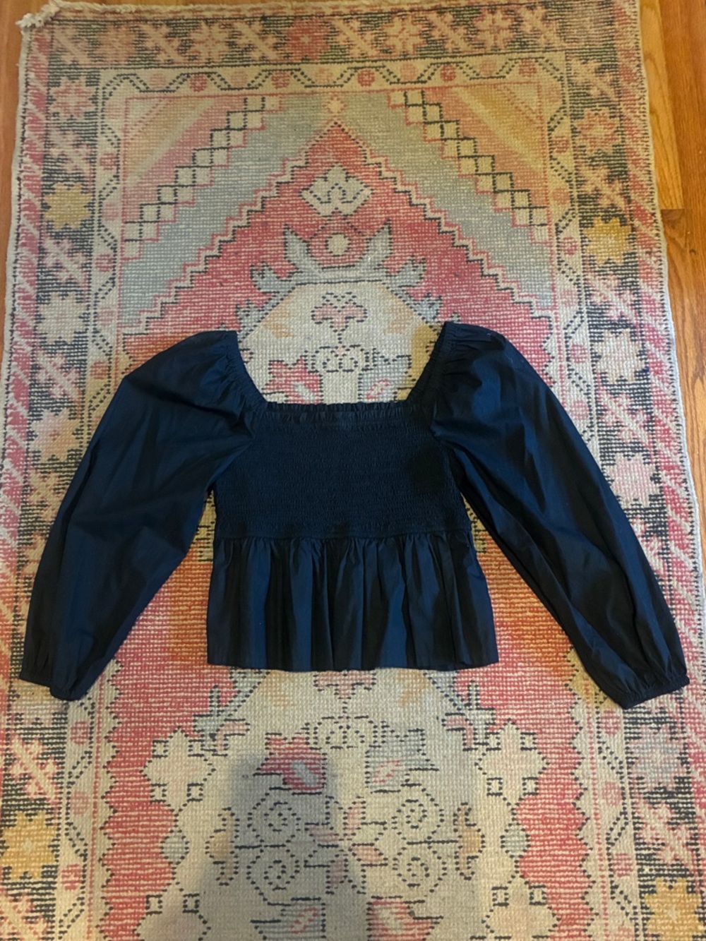 Jcrew Black Smocked Peplum Long-Sleeve Top
